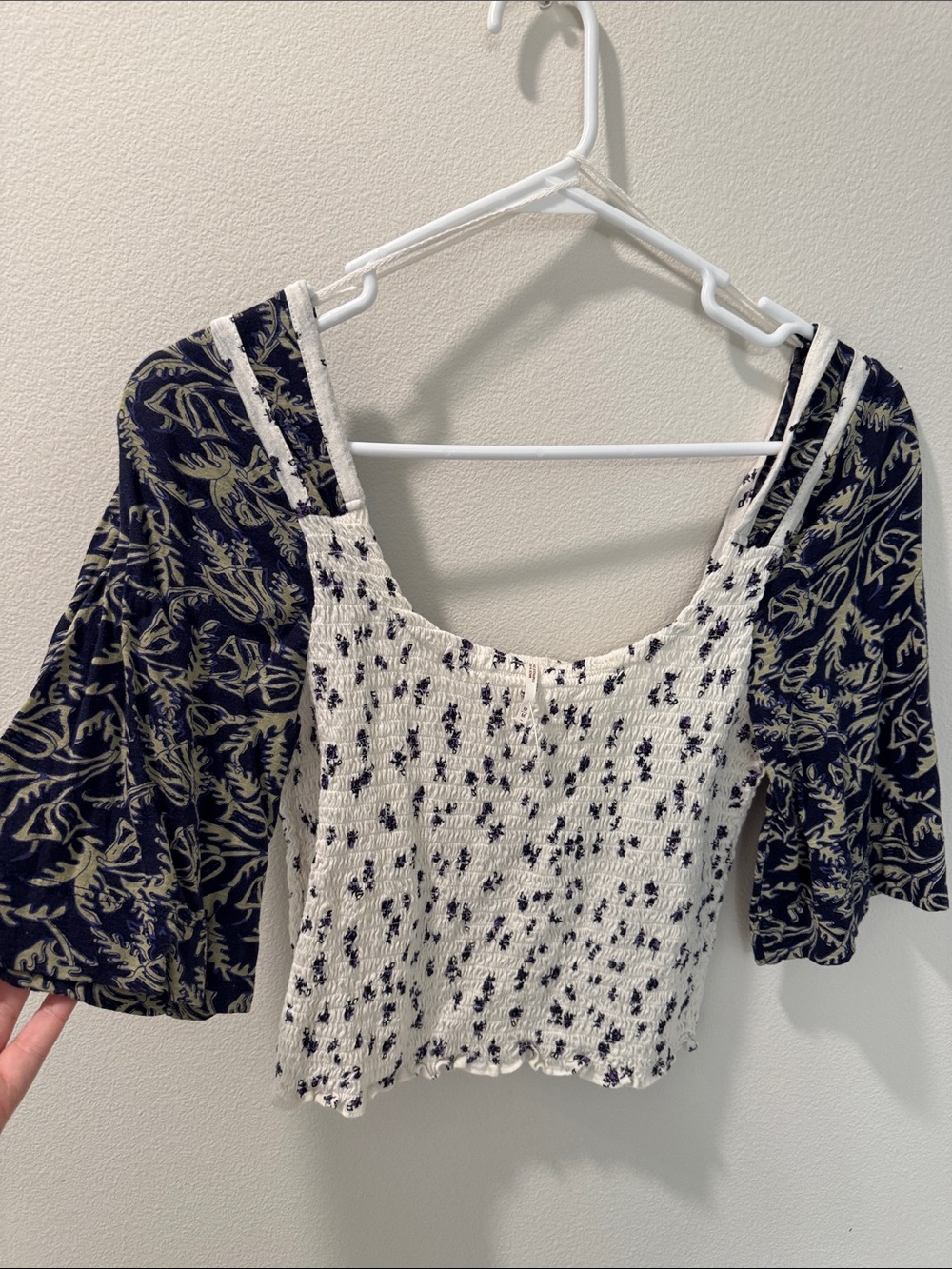 Free People black, purple, white Smocked Square-Neck Crop Top with flowy Sleeves